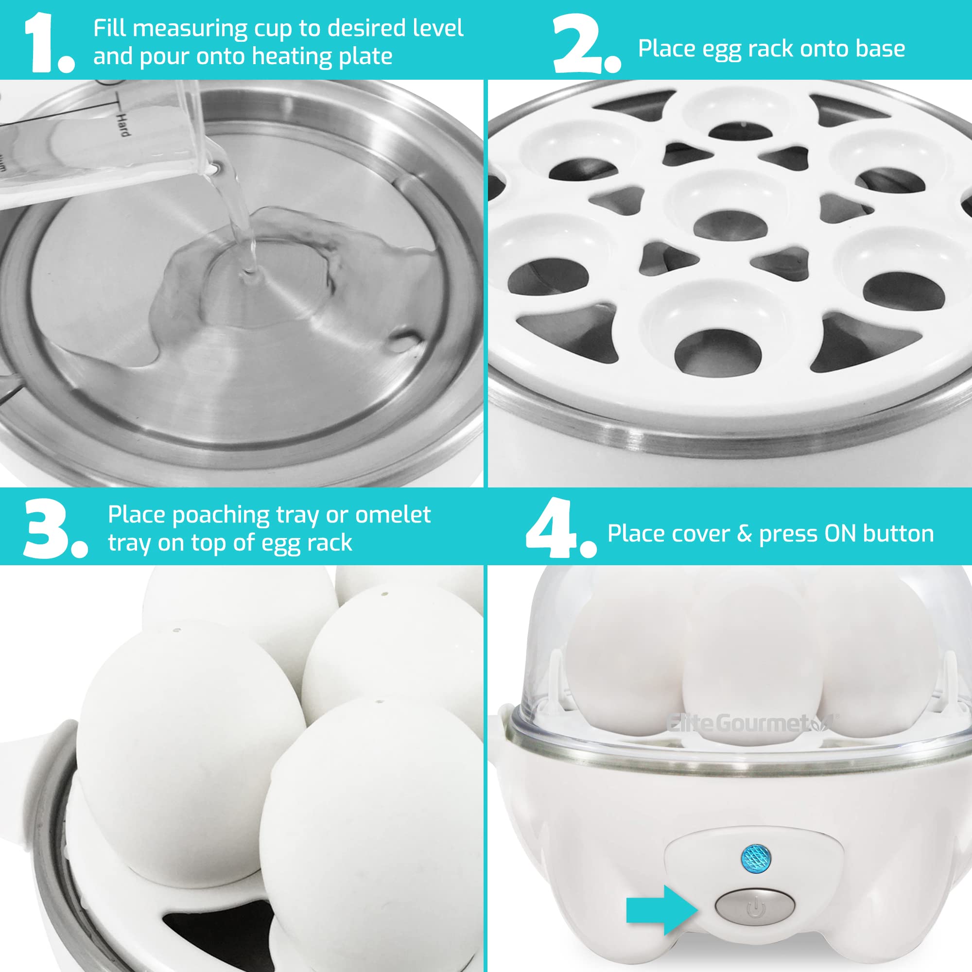 Elite Gourmet EGC-007 Rapid Egg Cooker, 7 Easy-To-Peel, Hard, Medium, Soft Boiled Eggs, Poacher, Omelet Maker, Auto Shut-Off, Alarm, 16-Recipe Booklet, White
