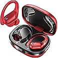 Wireless Earbuds Bluetooth Headphones 80hrs Playback Ear Buds Power Display with Noise Canceling Mic with Earhooks for Sports/Workout/Running Red