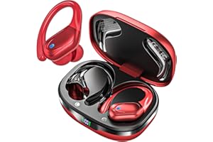 CATITRU Wireless Earbuds Bluetooth Headphones 80hrs Playback Ear Buds Power Display with Noise Canceling Mic with Earhooks for Sports/Workout/Running Red