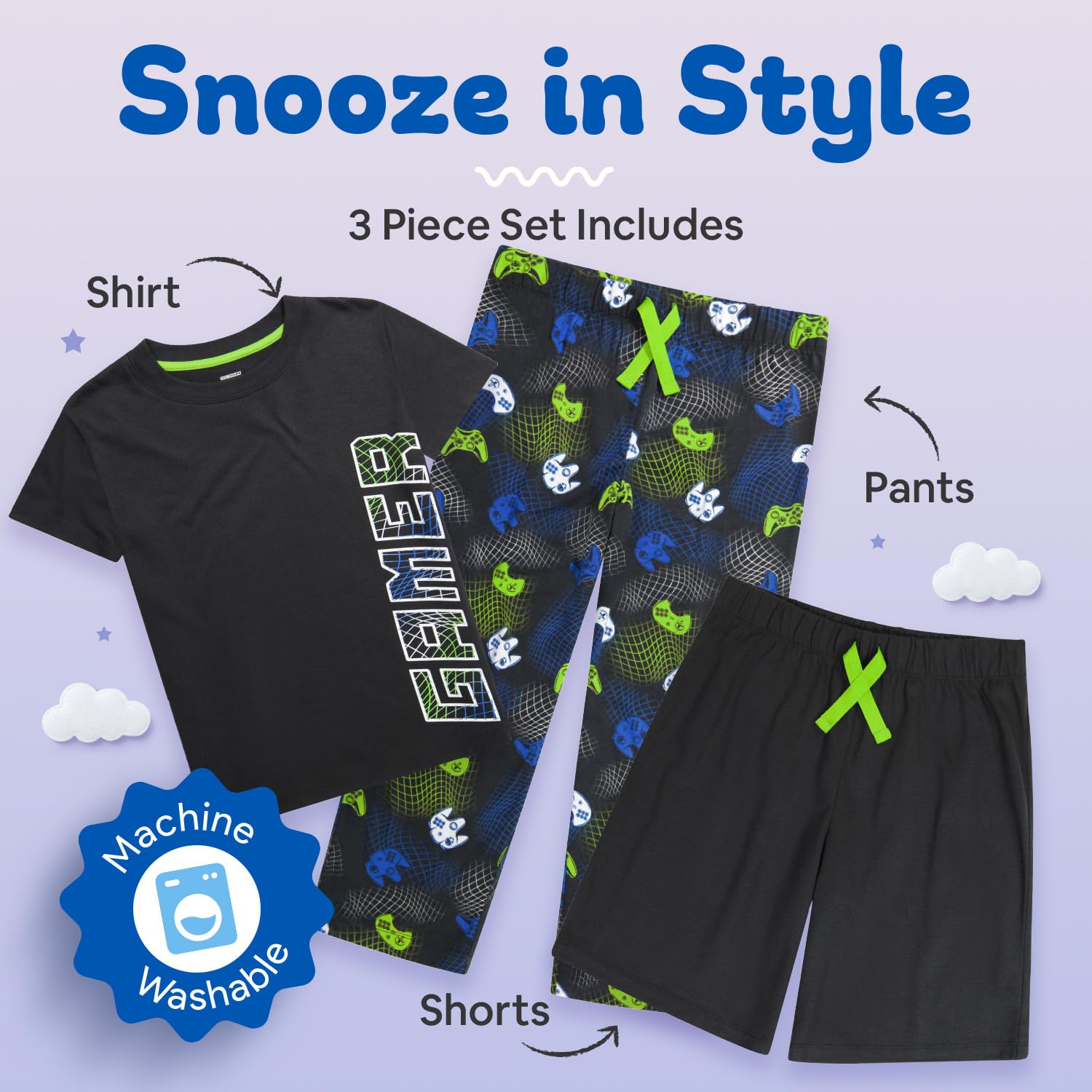 US Angels Boys Pajamas Set, 3-Piece Boys’ Sleepwear Pjs, Loose Fit, Soft, Breathable, Teens and Kids - Size 7-8, 10-12, 14-16