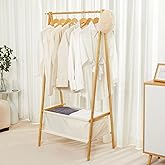 Cozivolife Bamboo Clothes Rack with Storage Box, Garment Holder Clothing Stand for Hanging Coat, Foldable Wardrobe Organizer for Entryway and Bed Room (Natural)