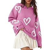 Saodimallsu Womens Oversized Heart Sweater Crew Neck Long Sleeve Knit Cute Valentines Pullover Sweaters
