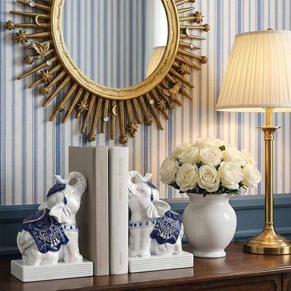 MXARLTR ELEPHANT BOOKENDS FOR SHELVES, DECORATIVE BOOKENDS, BOOK HOLDERS WITH ANTI-SLIP PAD FOR BOOK LOVERS HEAVY BOOK STOPPER FOR HOME OFFICE DECOR (BLUE&WHITE)