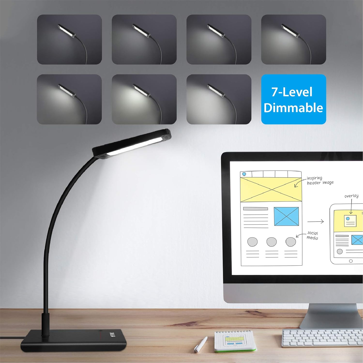 TROND Eye-Care LED Desk Lamp Dimmable, Flexible Gooseneck, 3 Color Temperatures, Non-Glaring for Bedside, Nightstand, Side Table, Office, Reading & Task Lighting - - 