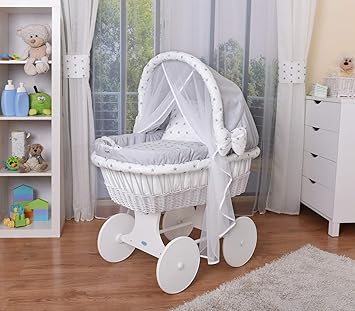 WALDIN Baby Stubenwagen-Set mit Ausstattung,XXL,Bollerwagen,komplett,44 Modelle wählbar,Gestell/Räder weiß lackiert,Stoffe gr