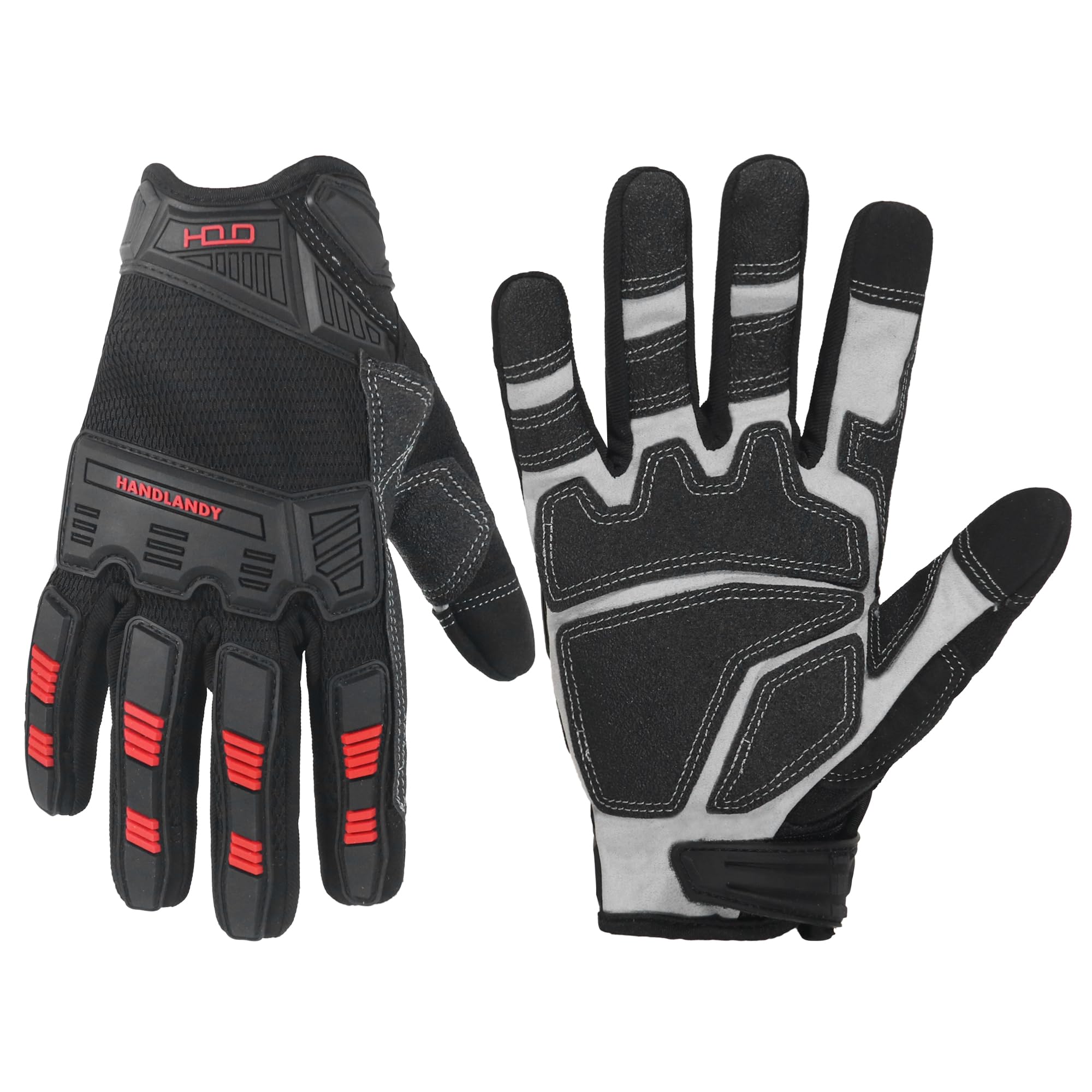 HANDLANDY Heavy Duty Work Gloves Men, Touchscreen TPR Impact Reducing Work Gloves, Non-Slip Breathable Mechanics Gloves Black L