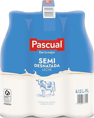 Leite Pascual - Leite semi-desnatado - Bem-estar Animal - Embalagem de 6 x 1,5L - Ideal para crianças e adultos, produto natural e saudável