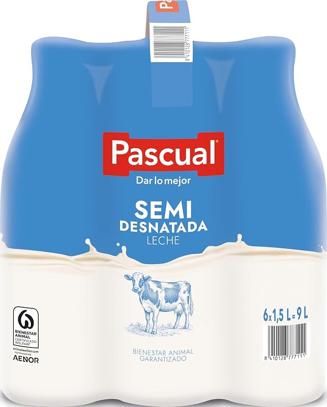 Leite Pascual - Leite semi-desnatado - Bem-estar Animal - Embalagem de 6 x 1,5L - Ideal para crianças e adultos, produto natural e saudável