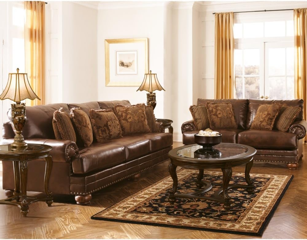 Signature Design by Ashley - Norcastle Traditional Glass Top Oval Coffee Table, Dark Brown - Table & Chair Sets
