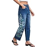 EZAPINE Straight Leg Cropped Jeans for Women Trendy Mid Rise Floral Print Boho Casual Denim Ankle Pants