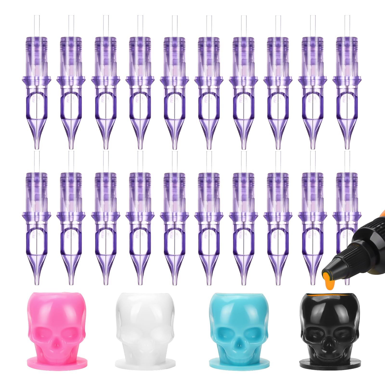 ATOMUS 20pcs Tattoo Cartridge Needles 1203RL Purple Tattoo Needles for Pen Liner Pattern with Disposable Skull Ink Cups for Pen Rotary Machine Supplies