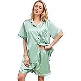 LWQ&ROSE Women's Soft Silky Summer Short Sleeve Satin Pajamas Set 2025 Solid Color Home Wear 2 Piece Pjs Shorts Lounge Set Sleepwear (US, Alpha, Medium, Regular, Regular, Minte green)