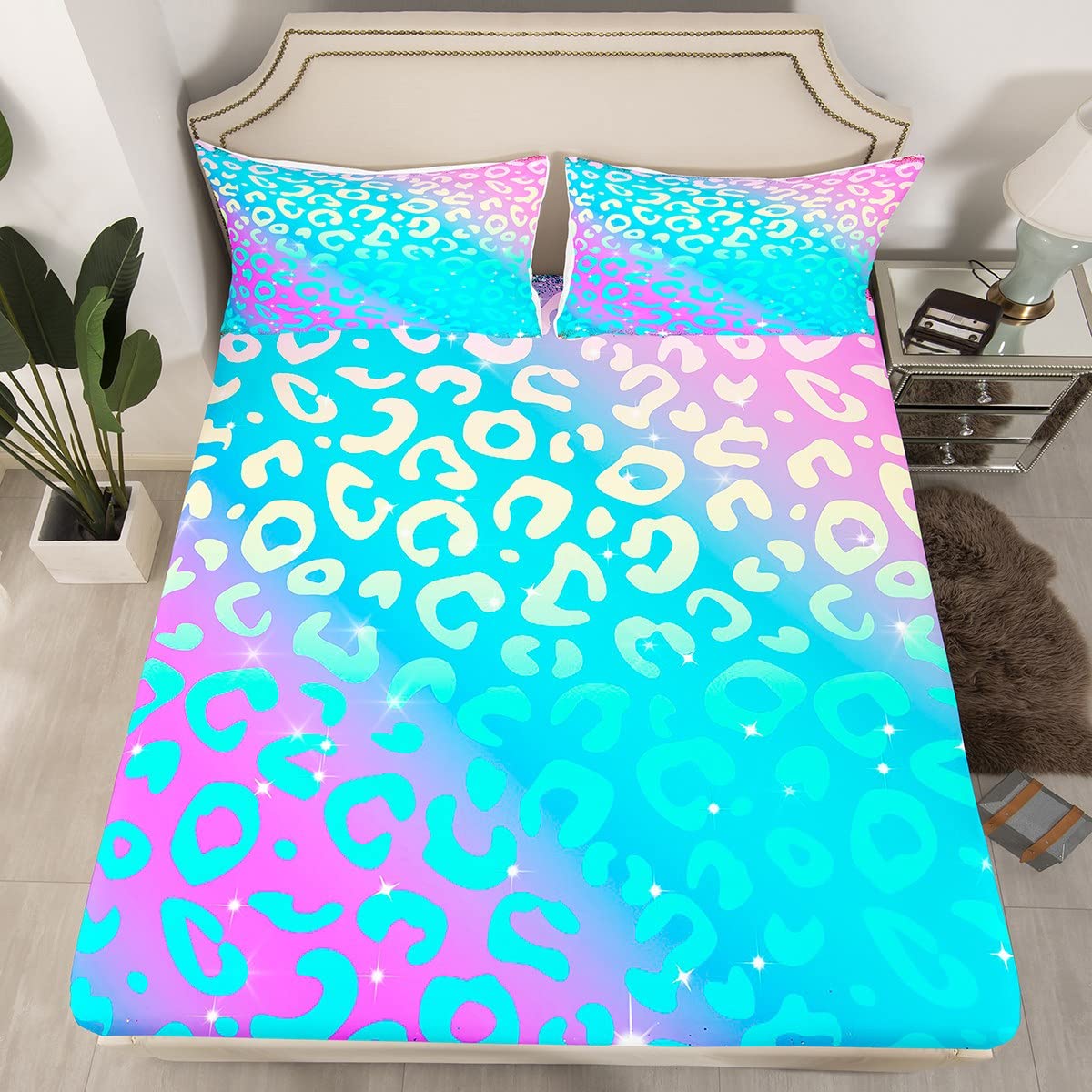 Leopard Fitted Sheet Single Size,Abstract Cheetah Print Bed Cover with 1 Pillowcase,Animal Skin Print Bedding Set 2pcs for Kids Boys Girls Room Decor,Soft Polyester Bedding