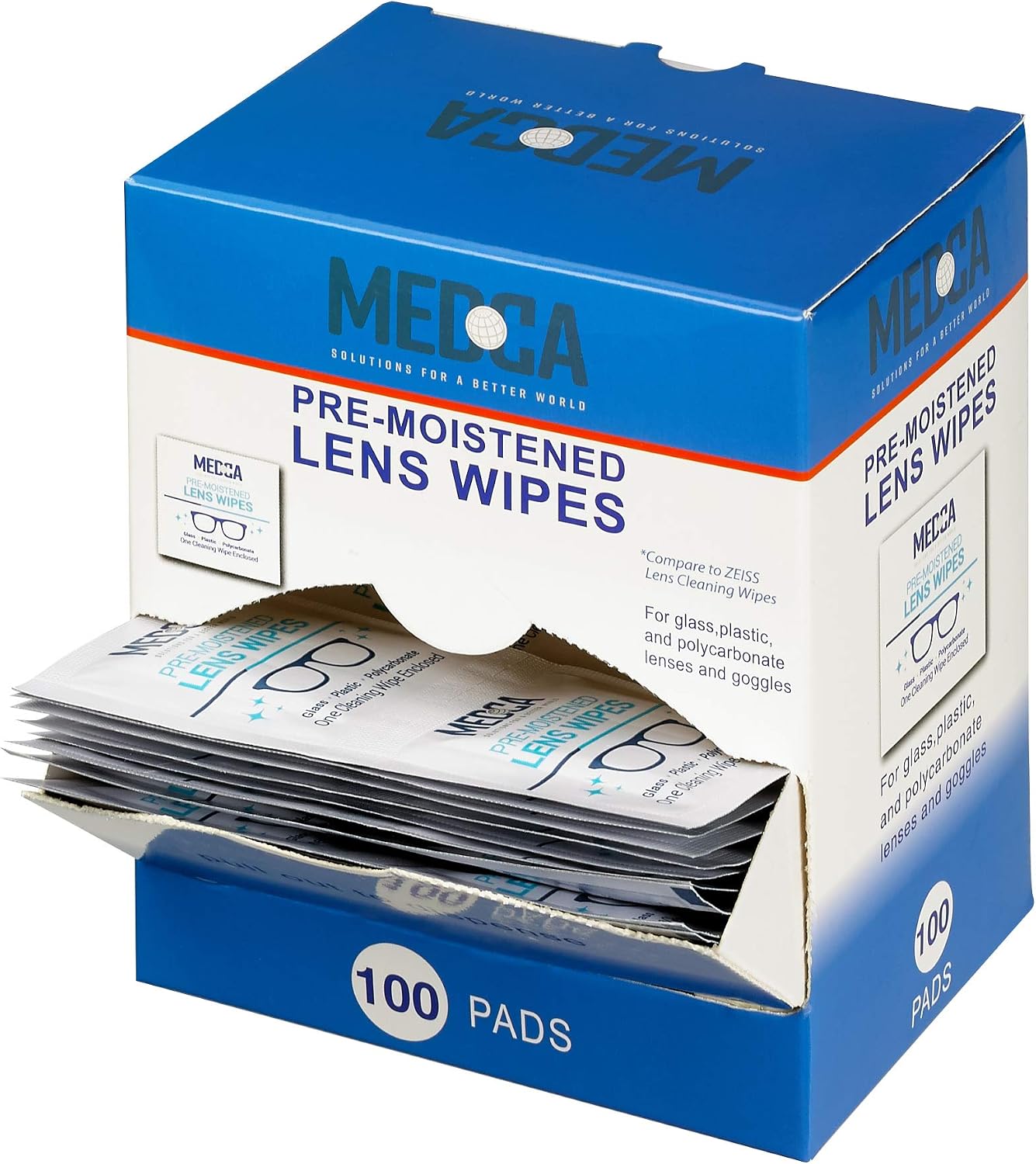 MEDca Lens Cleaning Wipes Towelette Dispenser Pre-Moistened (100), white, 1 count (Pack of 100)