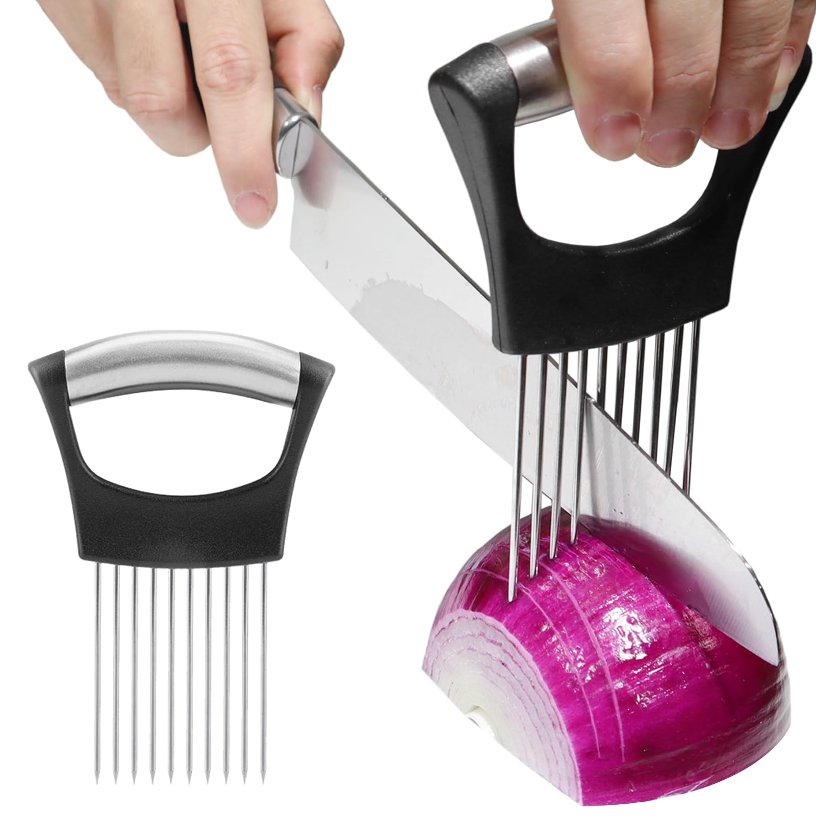 Photo 1 of JAYVAR Onion Holder for Slicing, Onion Cutter Vegetable Chopper, Stainless Steel Tomato Slicer Vegetable Cutter for Potato, Avocados, Eggs, Food Slicer Assistant Tool for Fruit Lemon and Meat
