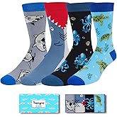 HAPPYPOP Shark Gifts for Boys - Silly Shark Socks 4 Pack, Ocean Socks for Kids 4-18 Years