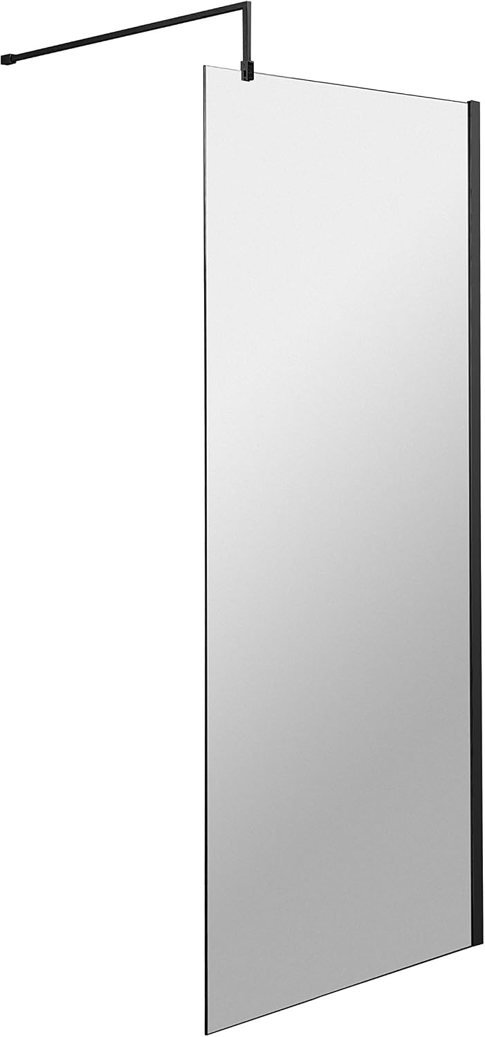 Nuie WRSCBP070 Modern Bathroom 8mm Toughened Safety Glass Wetroom Screen with Support Bar, 700mm, Matt, Satin Black