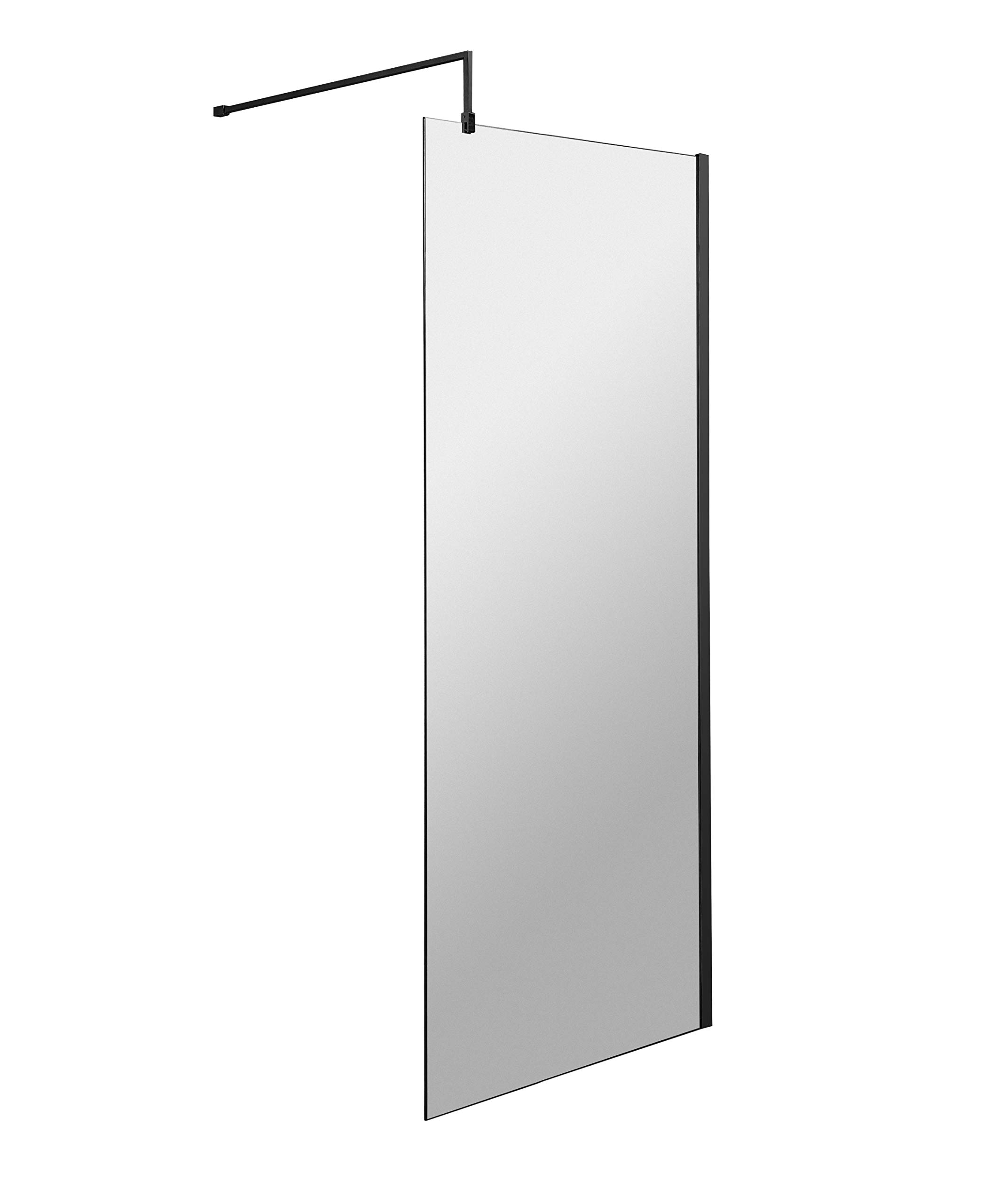 nuie WRSCBP070 Wetroom | Modern Bathroom 8mm Toughened Safety Glass Wetroom Screen with Support Bar, 700mm, Matt Black