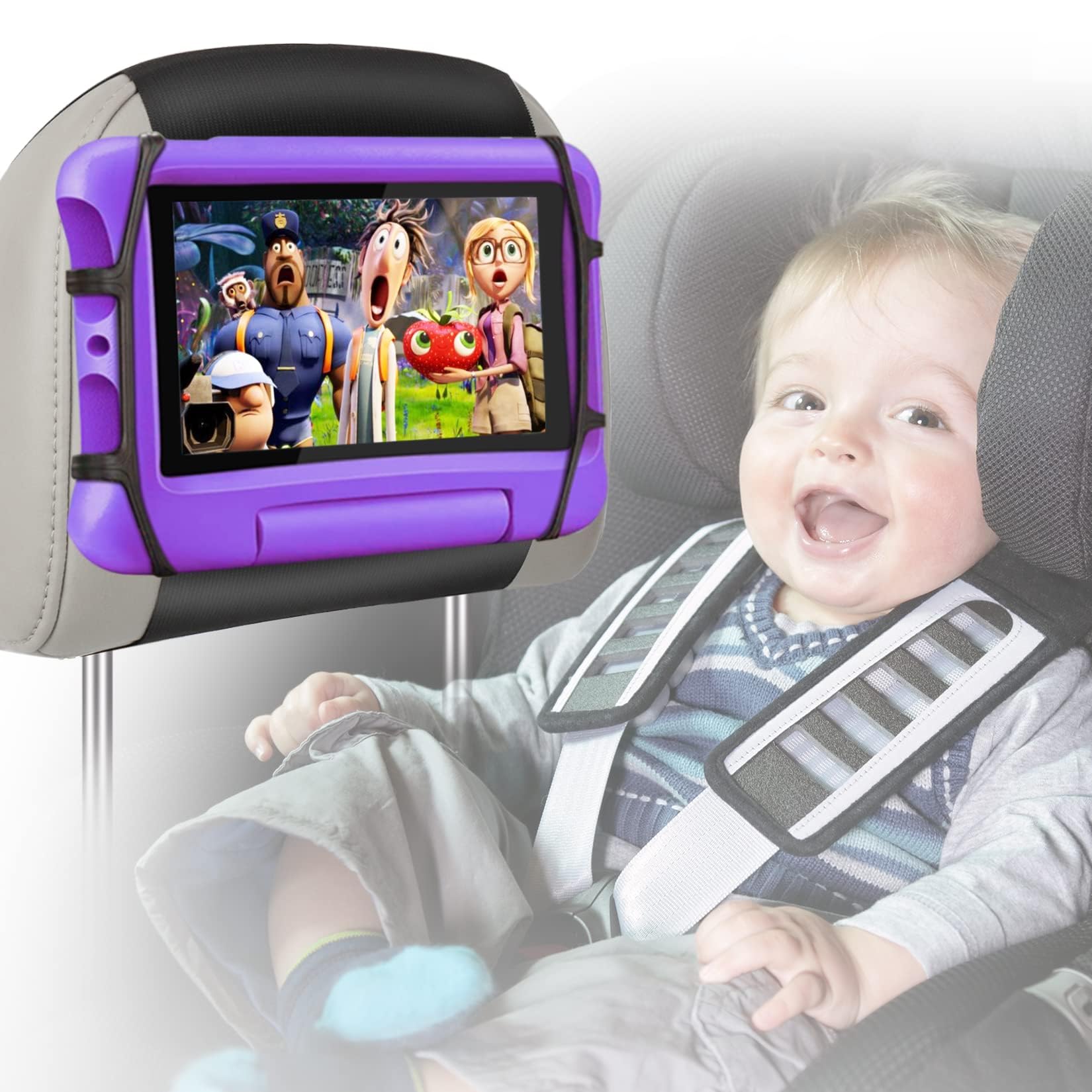 Photo 1 of BIGASUO Car Headrest Mount Holder for Kids Tablet Holder for Car Backseat Anti-Slip Strap Holding Net Adjustable Angle Seat Mount Fits All 7 to 12.9 Inch Tablets