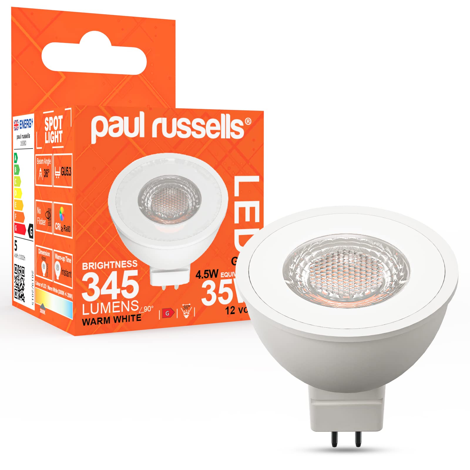 paul russells LED MR16 Bulbs – Pack of 1-35W Halogen Spotlight Equivalent, 12V Bi-Pin Base (GU5.3) - 4.5W 345lm Energy Saving Lights, 36° Wide Beam - 3000K Warm White Frosted - Non-Dimmable Lamps — image 1