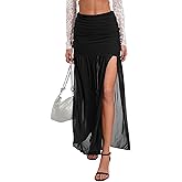 AGECODE Women's Sexy Side Ruched Mesh Maxi Skirt Flowy Pleated Slit Hem Bodycon Long Skirts