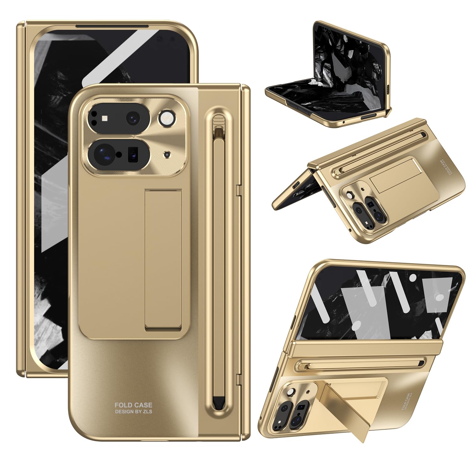 ZQYFCDZ Case for Google Pixel 9 Pro Fold - Hinge and Camera Protection, Integrated Screen Protector, All-in-One Stand, Stylus Slot, Fingerprint-Resistant PC Material – Gold