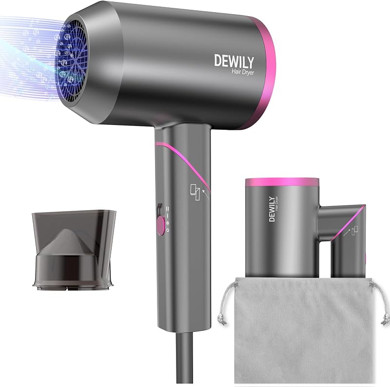 DEWILY Hair Dryer Travel 1800W Foldable Ionic Fast Dry Compact for Curly
