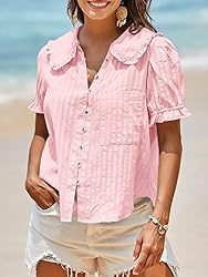 Tankaneo Womens Puff Sleeve Shirts Peter Pan Collar