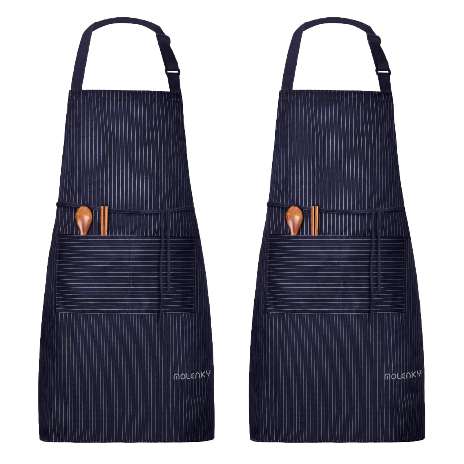 MOLENKY Apron, Adjustable Apron with 2 Large Pockets, 2PCS Cotton Chef Bib Apron set, Unisex Waterproof Professional Quality Cooking Apron for Kitchen Baking (Striped Dark Blue)