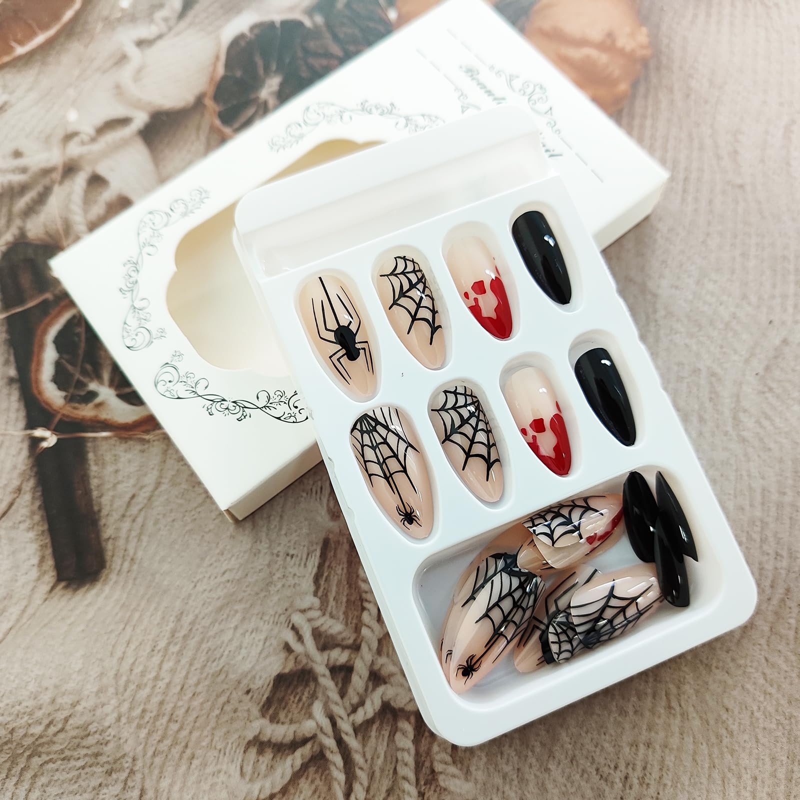 KKUUOO Halloween Press on Nails,Medium Almond Fake Nails Spider & Spider Web Acrylic Nails with Blood Drop Design Full Cover Glossy False Nails Stick on Nails Jelly Press on Nails for Women Girl 24Pcs - Image 3