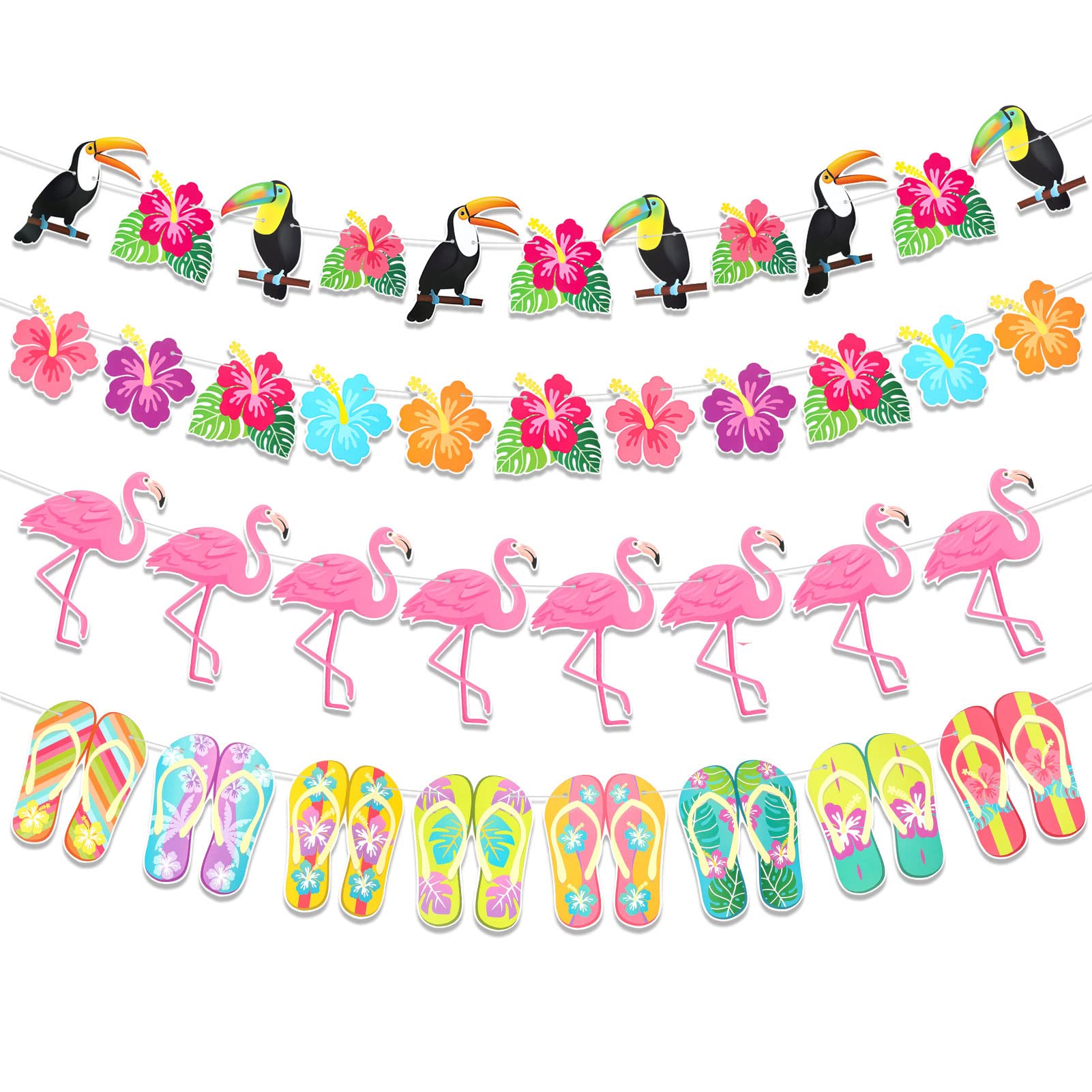 HOWAF 4Pcs Hawaiian Tropical Bunting Banner, Flamingo Hibiscus Flower Giant Beak Bird Flip Flops ALOHA Party Decorations Banner for Hawaiian Luau Party Supplies