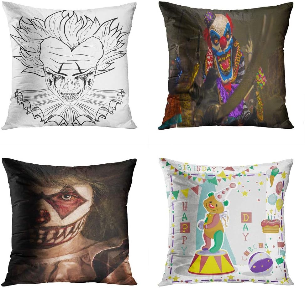 Moladika Set of 4 Throw Pillow Covers 20x20 Inch Square Evil Clown Black White Halloween Party Scary Clowns Spooky Hiding Shadows Teddy Bear Circus Funny Cushion Home Decor Sofa Bedroom Pillowcase