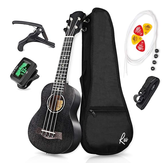 RAS Ukulele Sopran 21 Zoll Mahagoni Vier String Gitarre für Erwachsene und Kinder (Schwarz)