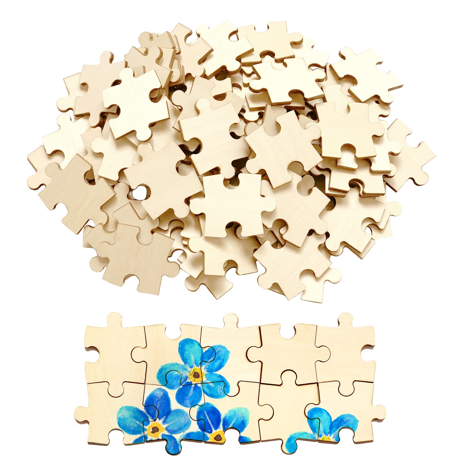 Photo 1 of 100 Piece Blank Puzzle Pieces for Crafts, Freeform Blank Wooden Puzzles for Arts & DIY, Each Piece is 1.8x1.3 Inches with Round Traditional Knob Interlocks