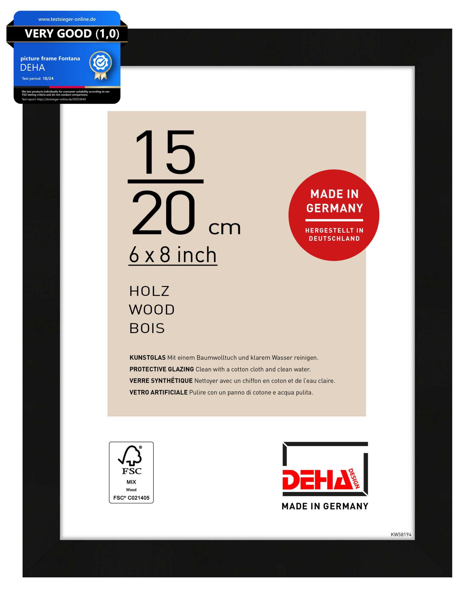 DEHA Design Fontana Wooden Picture Frame - 15x20 cm (6x8 in) – Black - with Synthetic Glass and Push/Turn Clips