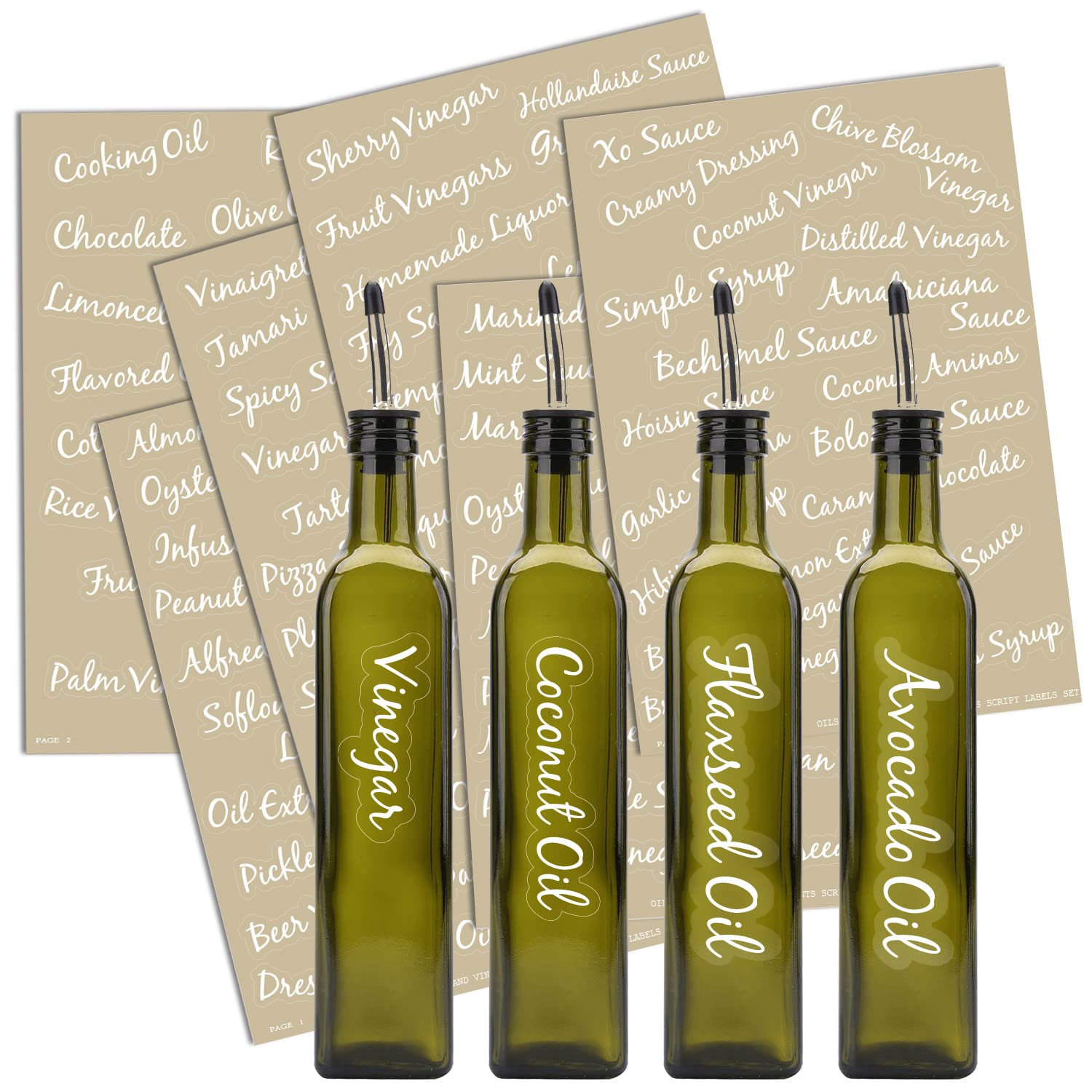 132 Oil & Vinegar Bottle Labels, Prefdo Bold Cursive Clear Waterproof & Oil-Proof Condiments Stickers Oil Dispenser Labels for Kitchen Organization And Storage(White)
