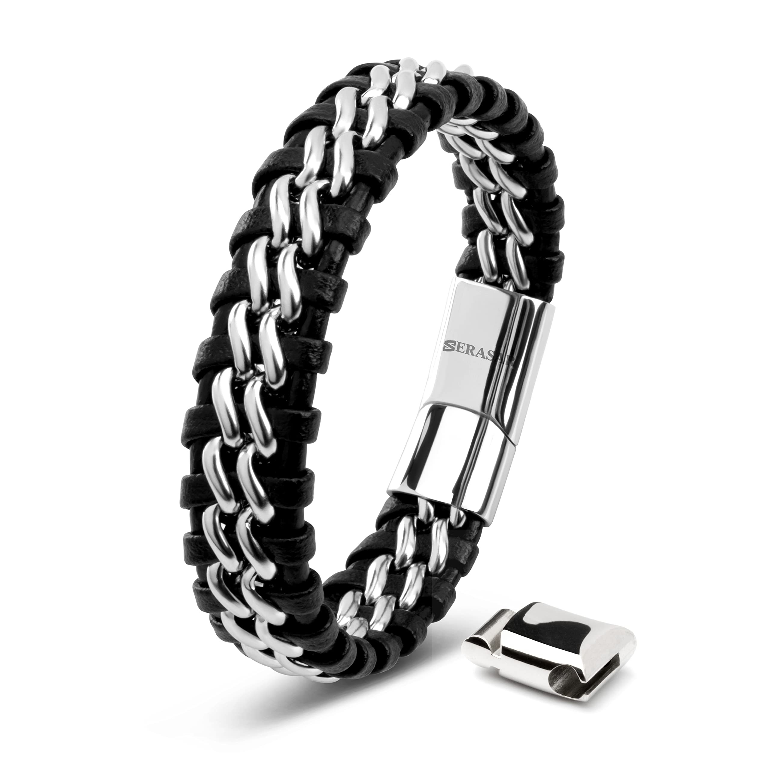 SERASAR Mens Leather Bracelet 17cm Silver Presents Men GiftBox Cowhide Braided Magnetic Clasp MultiLayer Wrap Rope Mans Male Bracelets Band Jewelry Magnet Accessories — image 1