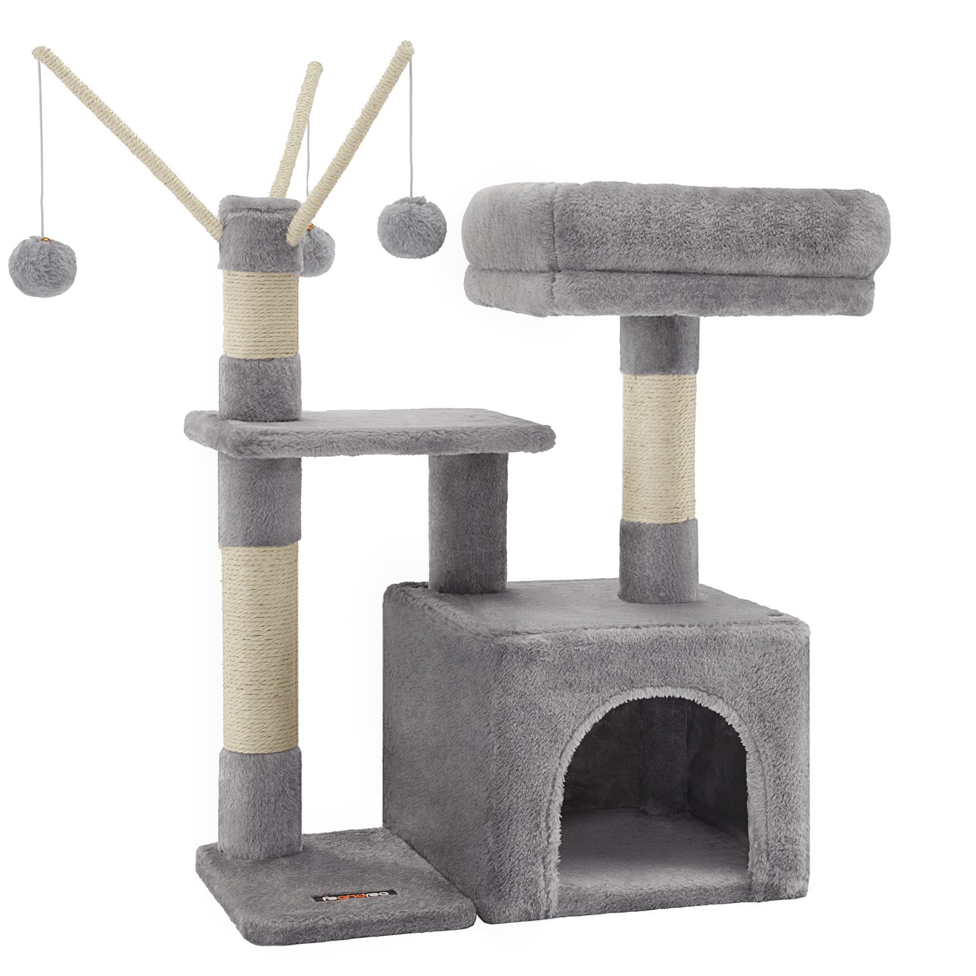 FEANDREA Cat Tree, Small Cat Condo, 72 cm, 3 Pompoms, Light Grey PCT121W01