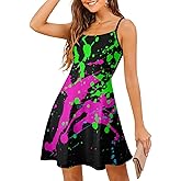 Glow in Dark Splatter Neon Women's Sling Dress Sleeveless Summer Beach Short Dress