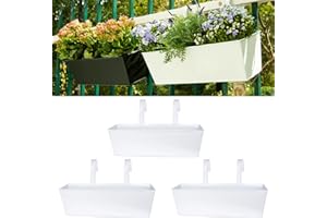 LOVOUS 3 Pcs Railing Planter Box Outdoor Balcony 16 Inch Metal Hanging Flower Pots for Plants Rectangular Fence Hanging Planters with Detachable Hooks for Garden Yard Patio Porch Home Decor,White