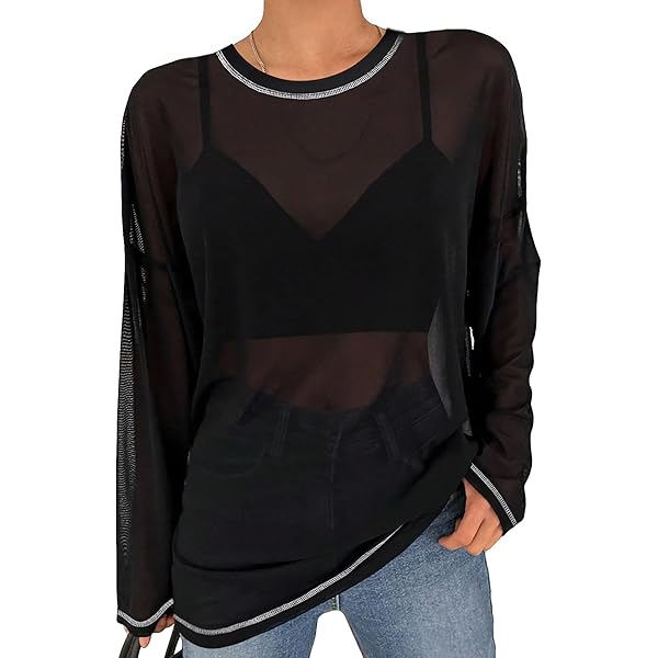 GORGLITTER Women's Mesh Long Sleeve Tops See Through Sheer