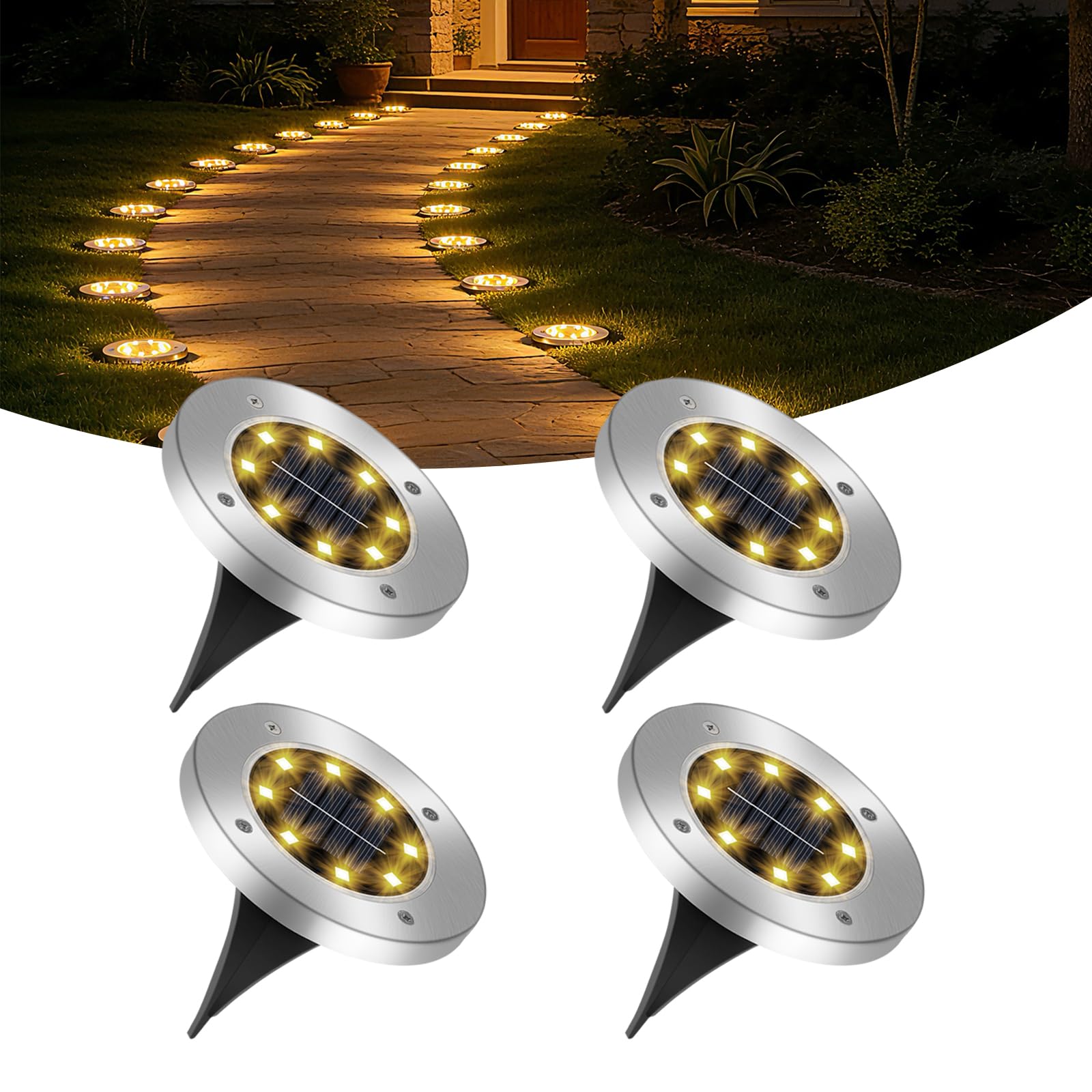 Caldarax Solar Ground Light Outdoor Garden, Deck Lights Solar Powered IP65 Waterproof, Garden Floor Lights for Path Lawn Walkway Driveway Yard Landscape Patio, 4 Pack (8LEDs Warm White) — image 1