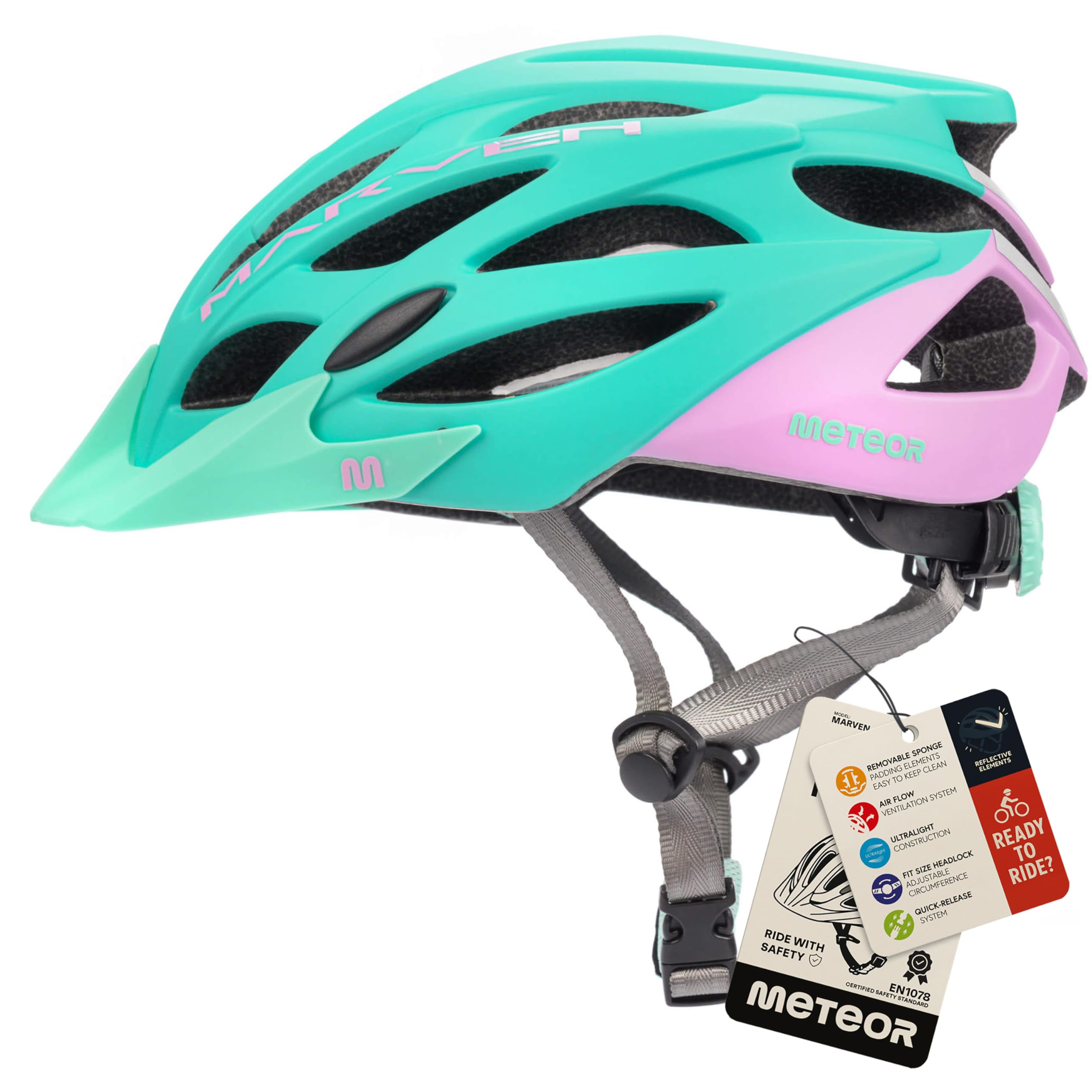 Meteor - MARVEN Cycle Helmet – Lightweight Adjustable Helmet for Men, Women, Kids – MTB, Bike, Scooter, Skateboard & Hoverboard – Breathable with Detachable Visor - Size S - Minth/Pink