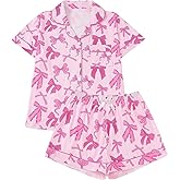 WDIRARA Women's 2 Piece Bow Print Pajama Set Short Sleeve Button Down Lounge Shorts Sleepwear Sets