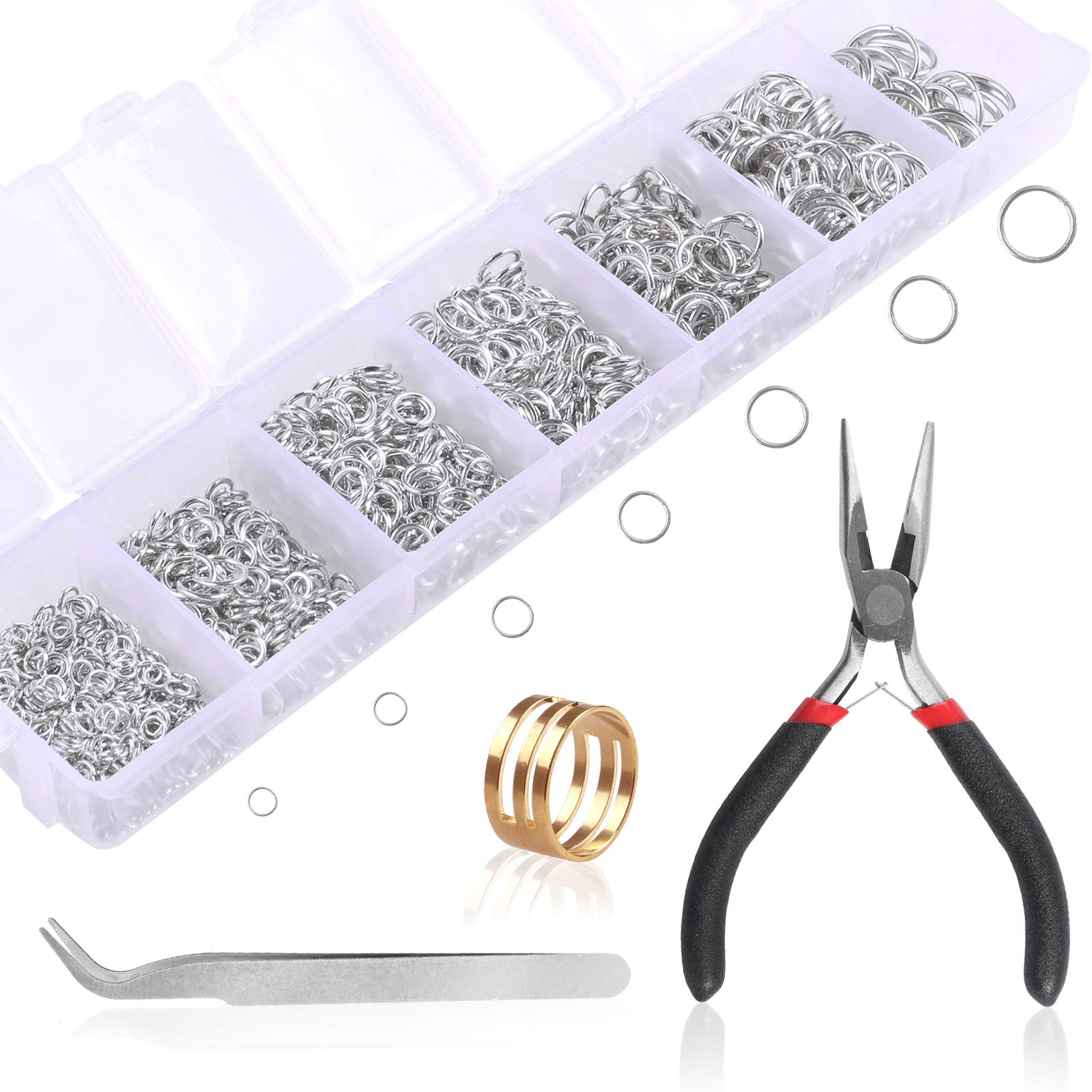 Jump Rings Jewellery Making Kits - funvce 1170pcs Open Jump Rings Jewellery Findings Round Rings with Openner,Plier,Tweezer Tools (4mm, 5mm, 6mm, 7mm, 8mm, 10mm) (Silver)