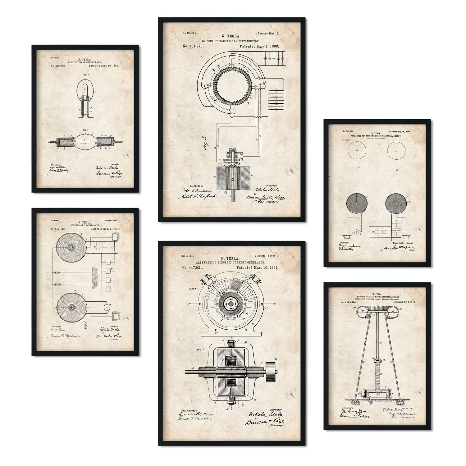 Nacnic Set of 6 Electricity 2 patent prints. Posters with retro patent illustrations for your home, shop, office... Vintage style interior decoration. A4 and A3 sizes. No frame.