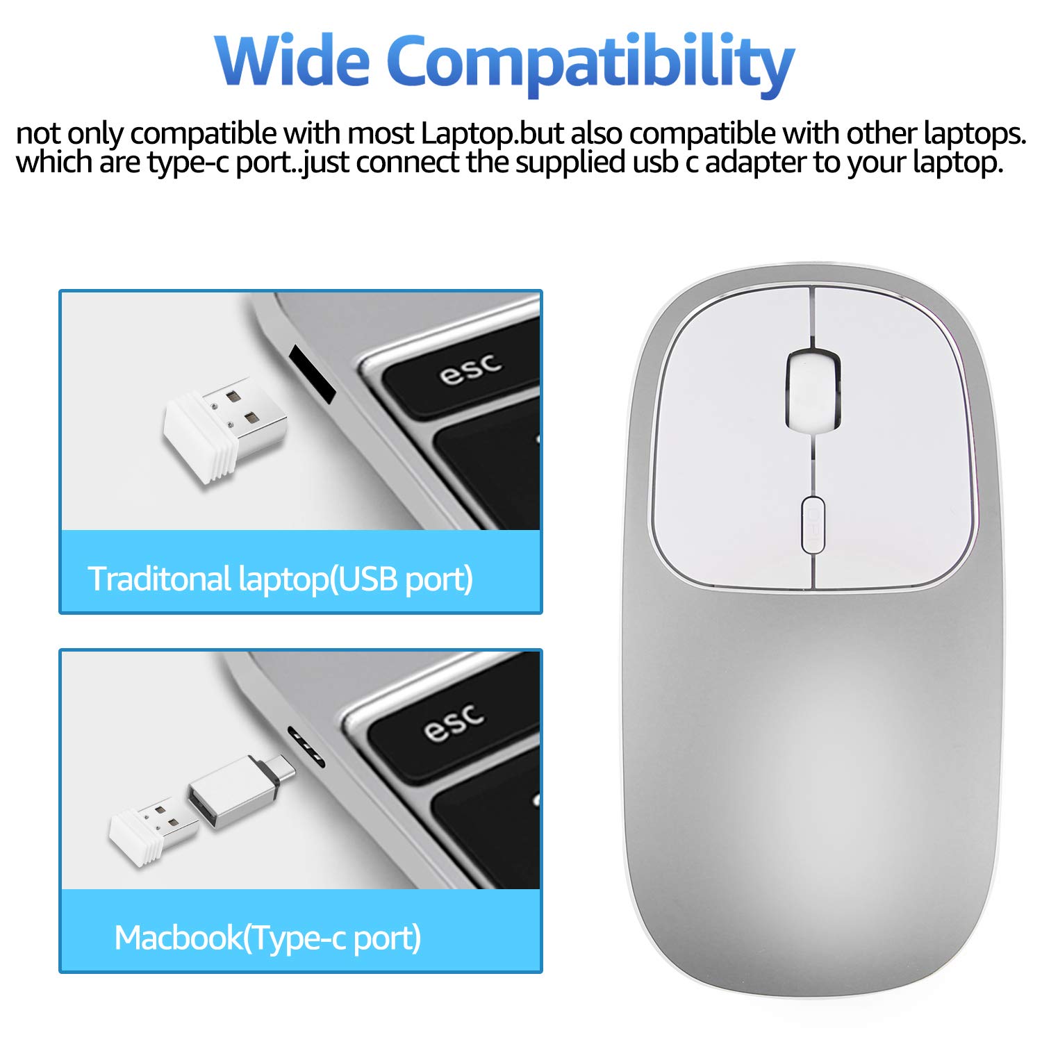 Wireless Mouse Laptop USB Type C Wireless Mouse Rechargeable 2.4GHZ Wireless Mouse Portable Slim Noiseless Click for Computer Windows 7/8/10/Vista/XP/MacBook,1600 DPI Mouse, Energy Saving (Silver)