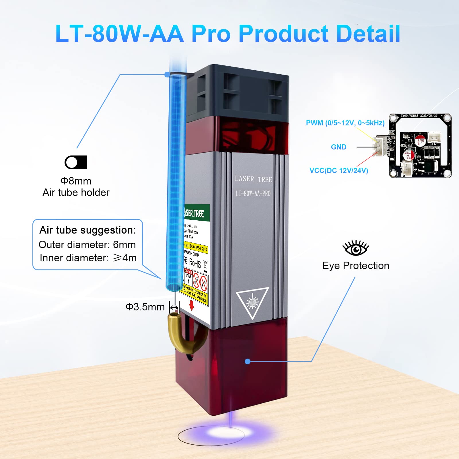 LASER TREE Laser Engraver Module, 10W (10000mW) Optical Power Laser Engraver Module w/Air Assist, Built-in FAC, Double Ultra-Fine Compressed Spot Higher Accuracy Laser Head Class 4,24V