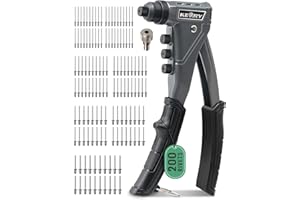 Kerry One-Handed Rivet Gun, 3/32" 1/8" 5/32" 3/16" Pop Rivet Gun Set, Manual Riveting Tool with 9.6" Extended Handle, 200 Rivets, 4 Tool-Free Interchangeable Heads, Profeesional Hand Riveter