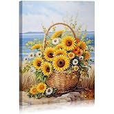 Sunflower Wall Decor Rustic Yellow Sunflower in Woven basket Beach Canvas Wall Art Modern Home Decor for Living Room Nursery Bedroom Bathroom Office Decor Framed Ready To Hang 12x16inches